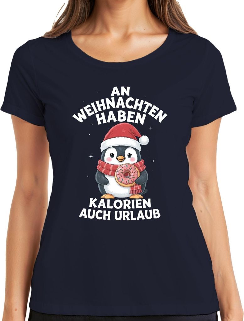 Weihnachts Pinguin Donut Kalorien haben Urlaub Lustig Geschenk Damen T-Shirt, Navy, XXL