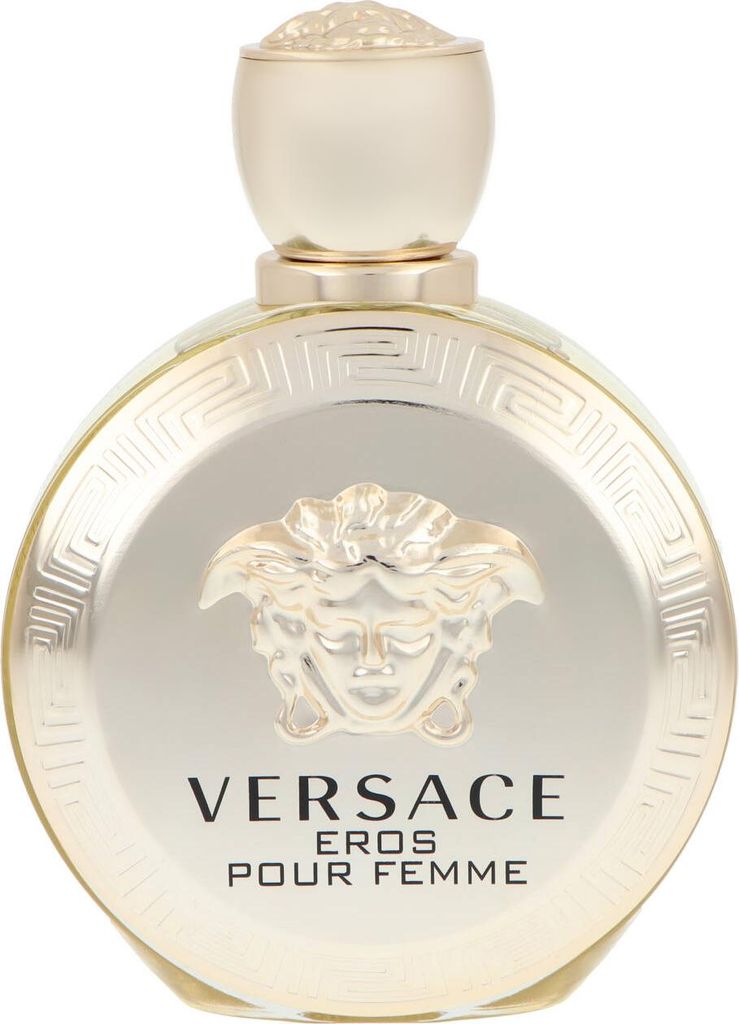 A close-up studio shot of a gold Versace Eros Pour Femme perfume bottle.