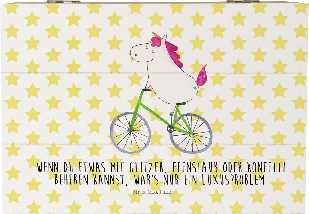 Mr. & Mrs. Panda Kiste Einhorn Radfahrer 22 x 15 cm - Weiß - Geschenk, fotobox, Schatzkiste, Bike, schatztruhe, Holzkiste, Aufbewahrungstruhe, Uni...