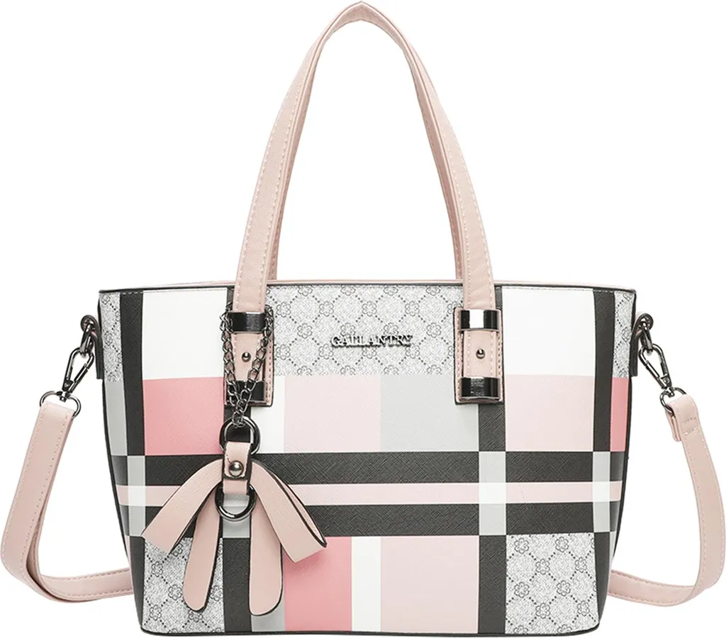 Sac à main rose imprimé carreaux chic Gallantry avec son pendentif nœud
