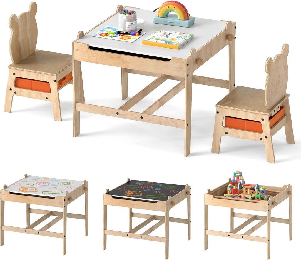 Kindertisch mit 2 Stühlen - 4-in-1 Mal- und Aktivitätstisch - Beidseitige Tafel/Whiteboard - 2 Stoffschubladen - Holz - Montage erforderlich