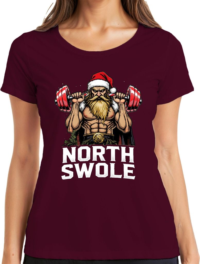 NORTH SWOLE Weihnachtsmann Fitness Gym Bodybuilding Geschenk Damen T-Shirt, Burgundy, L