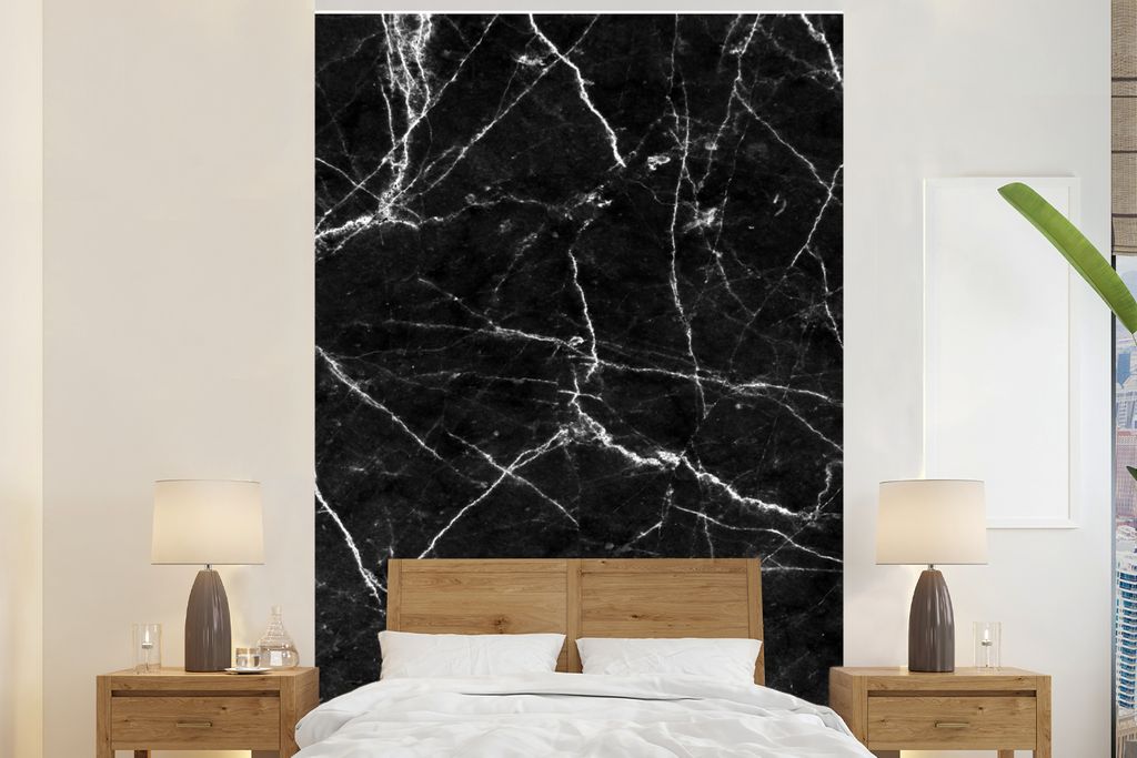 MuchoWow Fototapete für Wohnzimmer oder Schlafzimmer Wandtapete Vinyl Motivtapete Marmor - Muster - Schwarz - Weiß - 145x220 cm - Wanddekoration