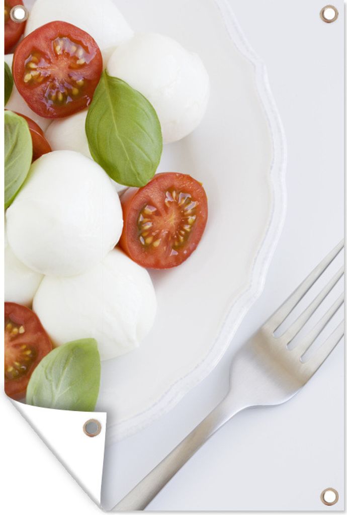 MuchoWow 60x90 cm Outdoor-Poster Gartendeko Sichtschutz Garten Poster für den Garten Mozzarella mit Tomate und Basilikum auf einem Teller