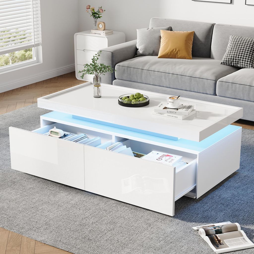 Sweiko 95x45x35cm Couchtisch,Wohnzimmertisch mit LED, kaffeetisch mit 2 Schubladen, Hochglanz Sofatisch,moderner minimalistischer Tisch,Beistelltis...