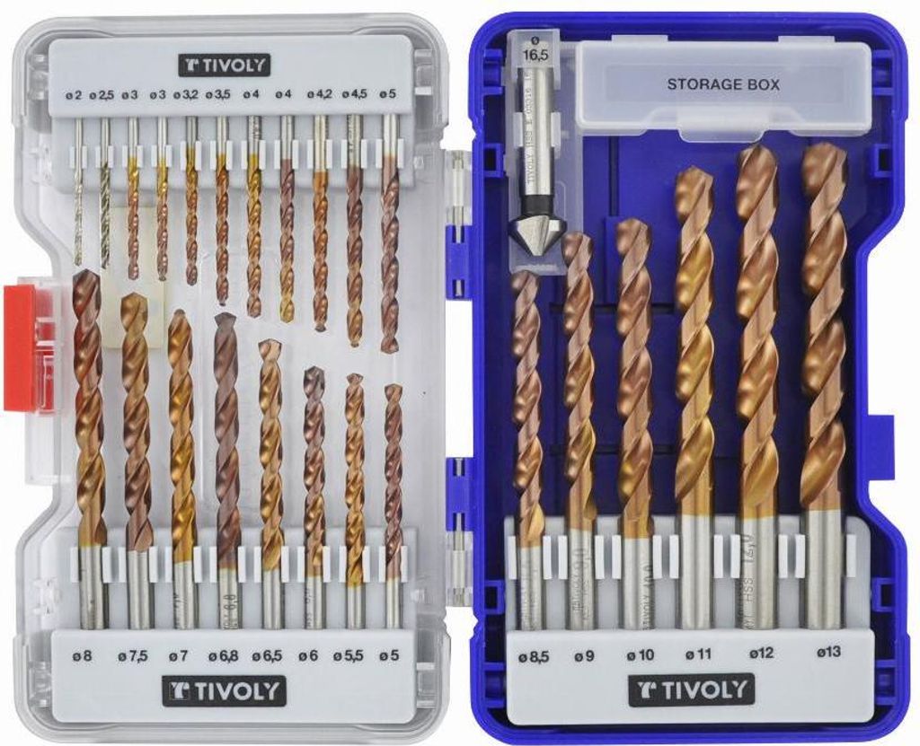 Set TIVOLY 25 Metallbohrer FURIUS HSS beschichtet FUSIO Kreuzspitze Ø 2 bis 13mm + 1 Nussbaumfräser Ø 15mm - 11454170002
