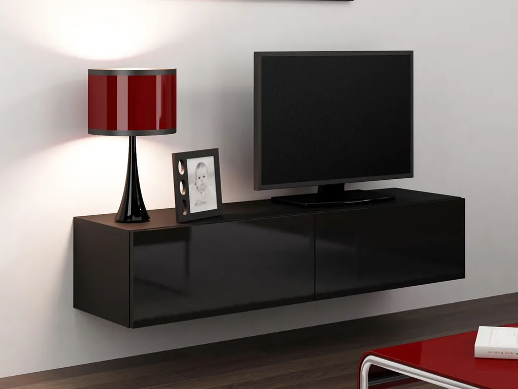 Meuble TV 140 cm ASHTON noir brillant - Support télévision design moderne