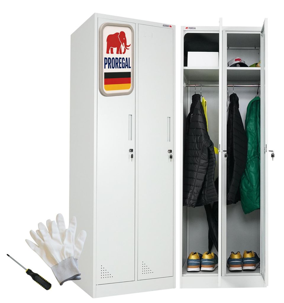 Spind Schrank ELEPHANT Metall | 2 Abteile, abschließbar | HxBxT 180x60x50cm | mit Kleiderstange, 2 Fächern & 3 Kleiderhaken pro Abteil | Lichtgra...