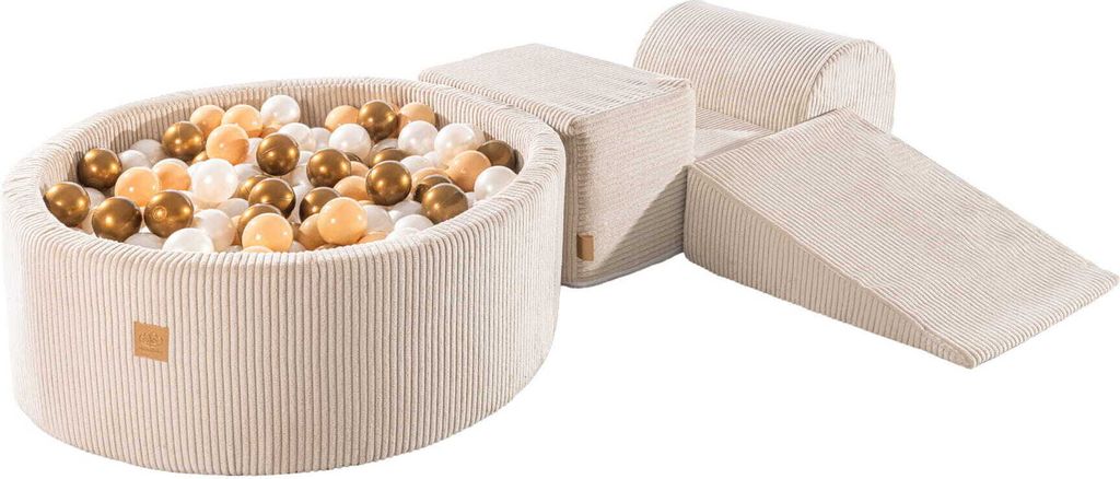 MeowBaby Spielplatz aus Schaumstoff 3-Element Schaumspielset mit Runde Bällebad, 200 Bälle, Kordsamt, Beige: Weiße Perle/Beige/Platingold