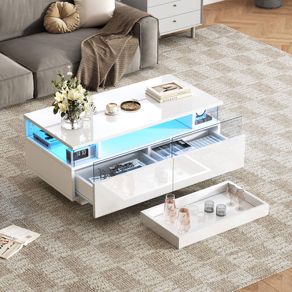 Sweiko 90 x 45 x 35.5 cm Couchtisch mit Tablett, Hochglanz-Couchtisch fürs Wohnzimmer, Sofatisch mit 2 Schubladen, tragender Beistelltisch aus geh...