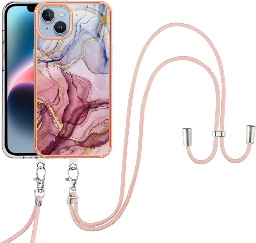 iPhone 15 Handykette Hülle, Muster TPU Bumper Schutzhülle mit verstellbarem Tragegurt für iPhone 15 Rosa