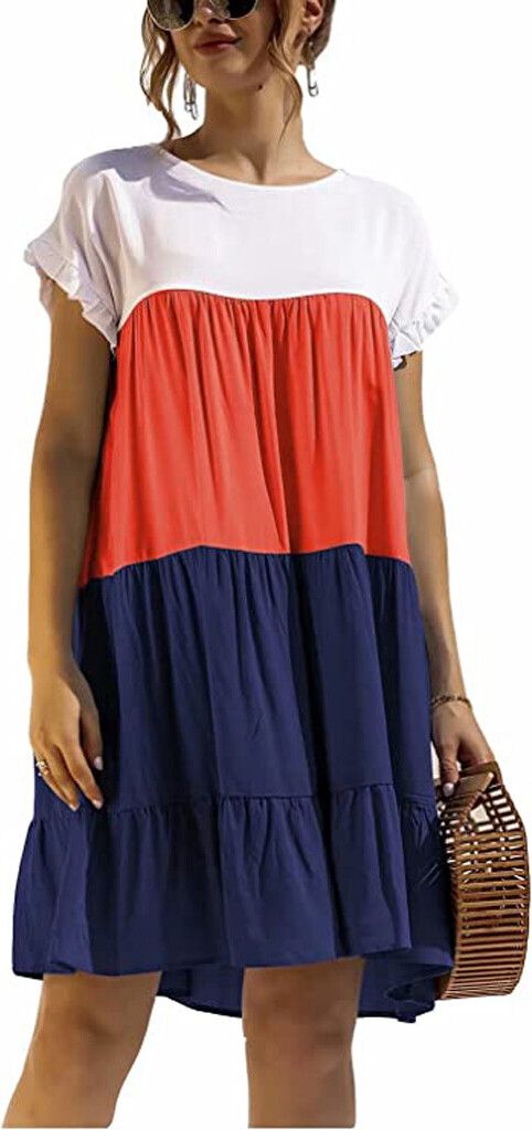 ASKSA Damen Kurzarm Kleid Colorblock Rüschen Rundhals Freizeitkleid Lässige Midikleider Sommer Loose Swing Kleider, Dunkelblau, L