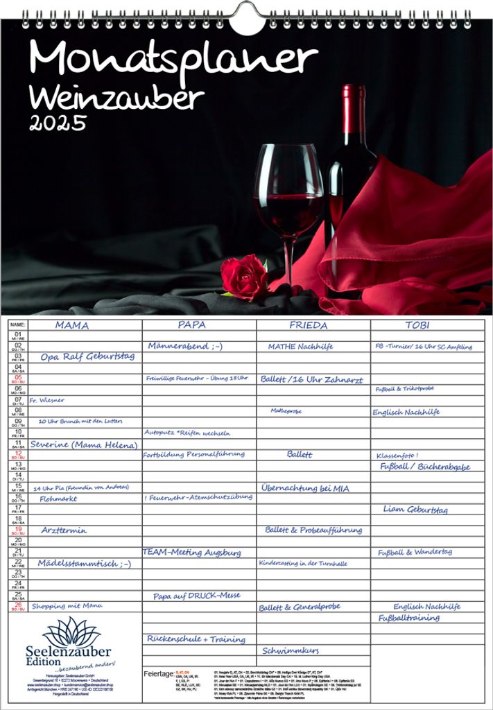 Weinzauber Planer Wandplaner Familienplaner 4 Spaltenplaner DIN A3 Kalender für 2025 Wein und Weinberge - Seelenzauber