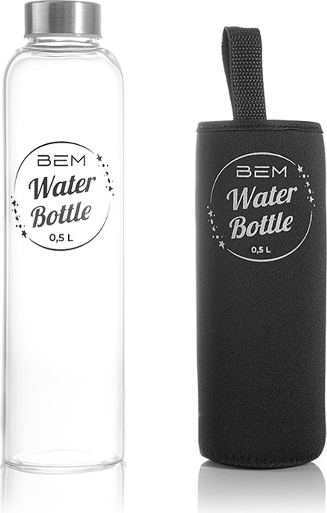 BEM Water Bottle - 0,5L Trinkflasche mit Edelstahldeckel, Glasflasche, Bruchsicher, Stoßfest
