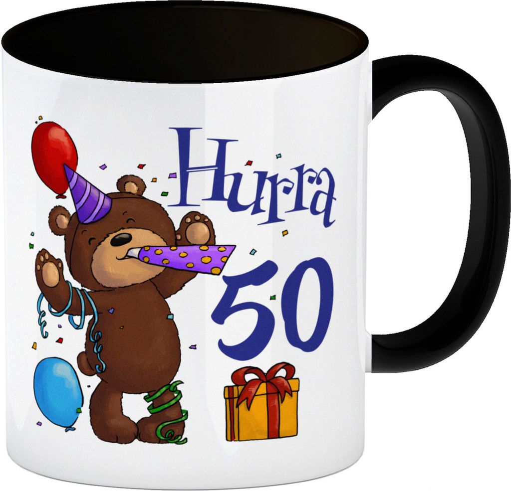 50. Geburtstag Kaffeebecher Schwarz mit lustigem Spruch: Teddy