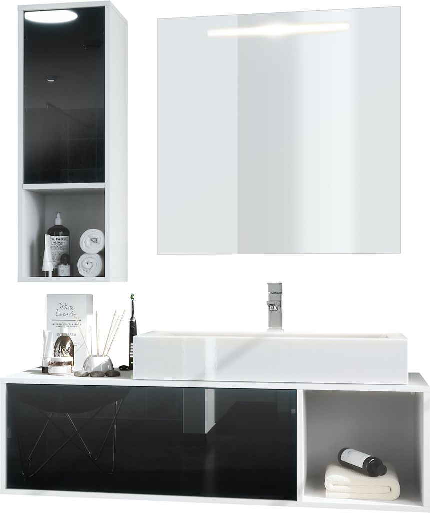 Vladon Badmöbel Komplettset La Costa, Germany, Korpus in Weiß matt / Fronten in Schwarz Hochglanz, mit Aufsatzwaschbecken, Armatur und LED Spiegel