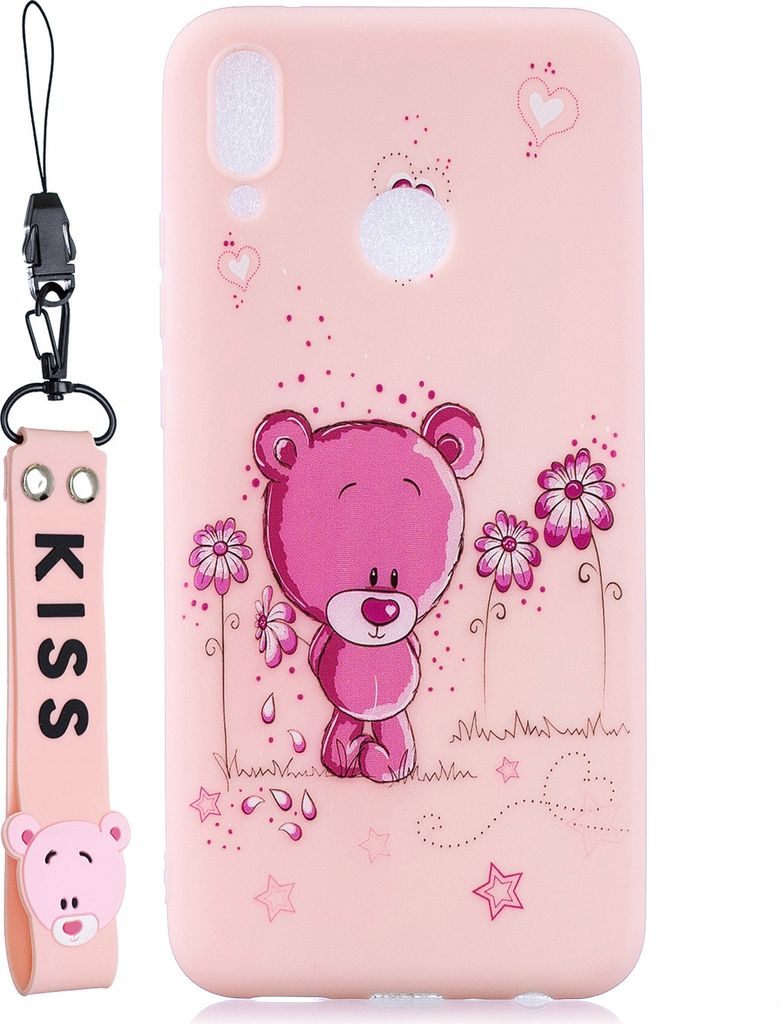 Für HUAWEI Y9 2019 Cartoon Lovely Coloured Painted Soft TPU Rückenbezug rutschfest Full Protective Case mit Lanyard Light Pink