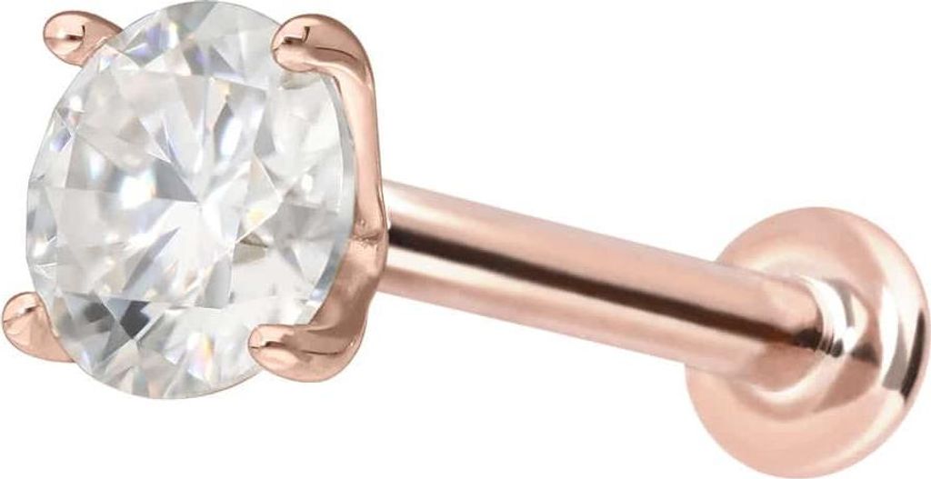 Ohrpiercing, Nasenpiercing 14 Karat Gold Labret mit Push Fit MOISSANIT RoséGold Stablänge: 8mm | Stabstärke: 1mm | Kristallgröße: 4mm
