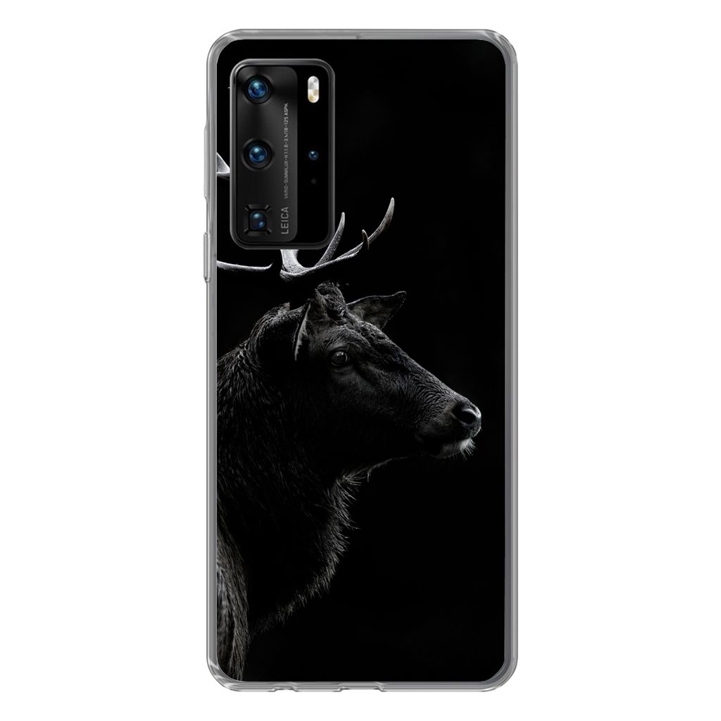 MuchoWow Handyhülle Schutzhülle Hülle für Huawei P40 Pro Hirsch - Schwarz - Porträt - Geweih - Tiere Silikon Softcase Handy Hülle - Schutz