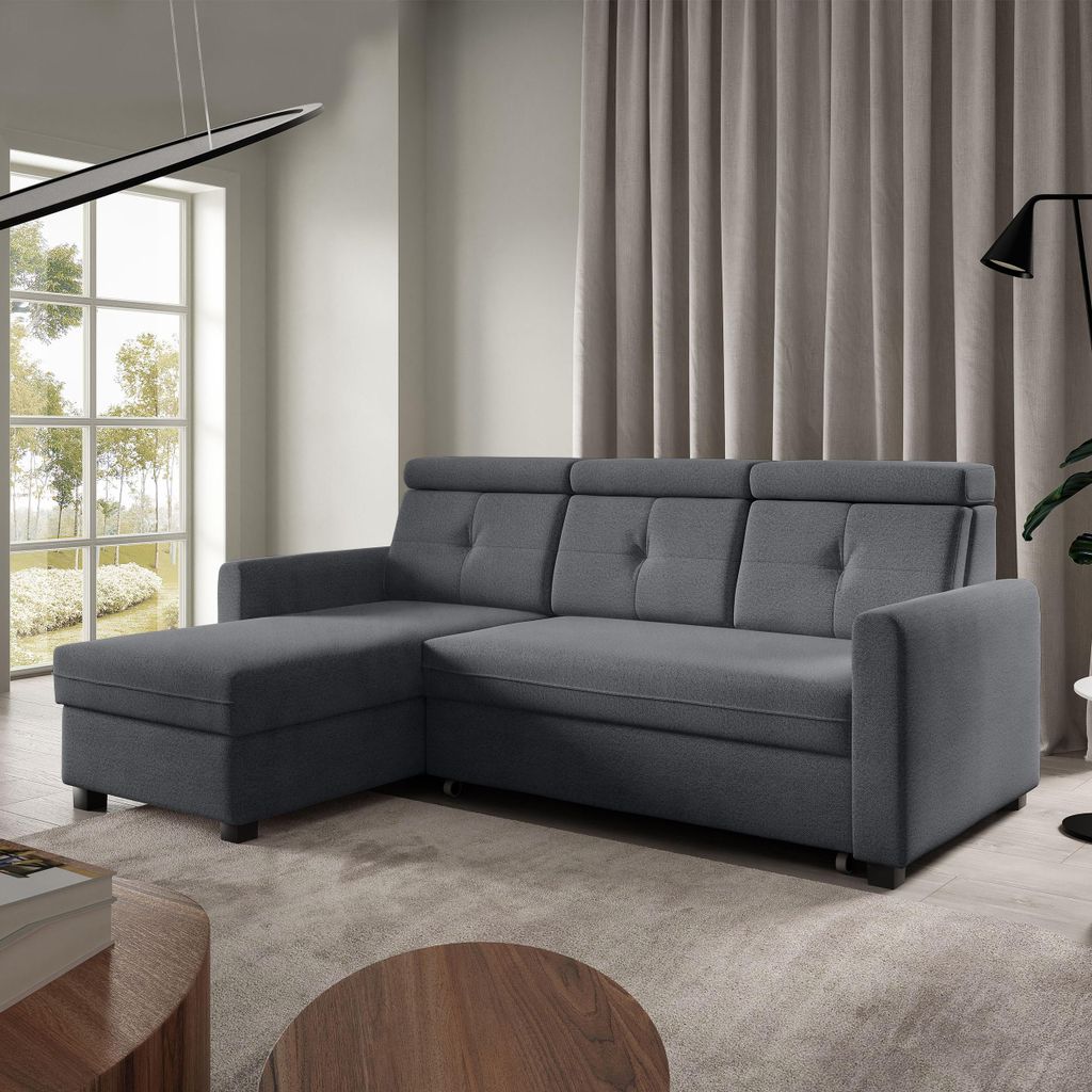 Ecksofa MILANO Graphit, L-Form - mit Schlaffunktion, Bettkasten & Ottomane links
