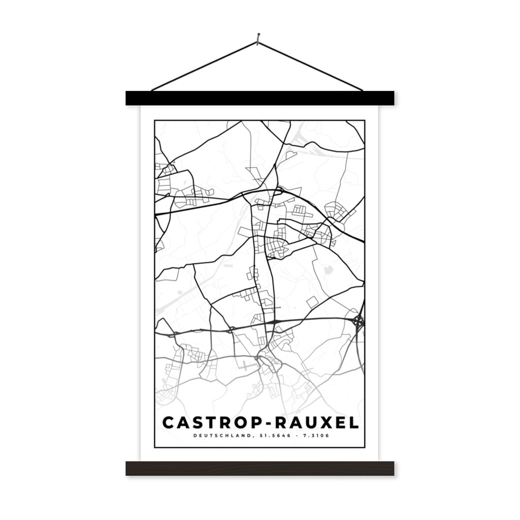 MuchoWow Textilposter Castrop-Rauxel - Karte - Stadtplan 60x90 cm mit schwarzem Rahmen - Poster Wohnzimmer