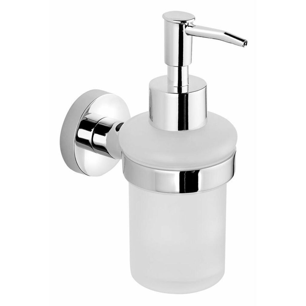 A wall-mounted soap dispenser with a frosted glass container and a chrome pump mechanism, shown against a white background.