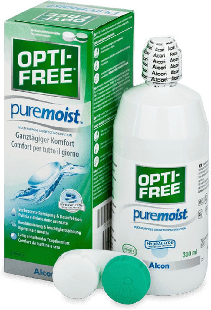 A box and bottle of Opti-Free Puremoist contact lens solution, along with a contact lens case.