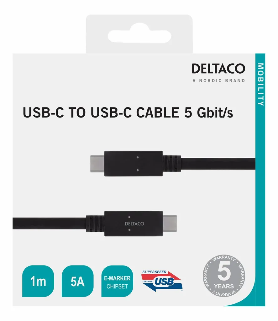 Câble USB-C vers USB-C 5 Gbit/s 1m Noir - Charge Rapide 5A et Sync - 3