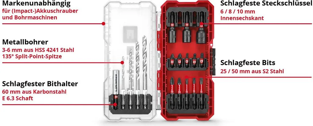 Einhell Bit Set 18 Pezzi 108709 - Kit Inserti S2 e Punte HSS per Avvitatore - 12