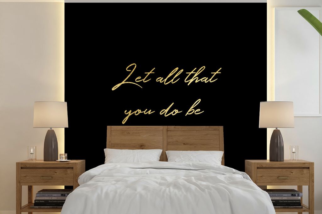 MuchoWow Fototapete für Wohnzimmer oder Schlafzimmer Wandtapete Vinyl Motivtapete Zitate - Liebe - Gold - Schwarz - 350x350 cm - Schlafzimmertapete