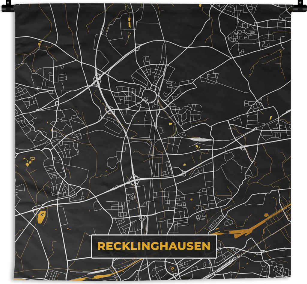 MuchoWow Wandteppich Wandbehang Deutschland - Schwarz und Gold - Recklinghausen - Stadtplan - Karte 150x150 cm Tapisserie Dekoration Wandtuch - W...