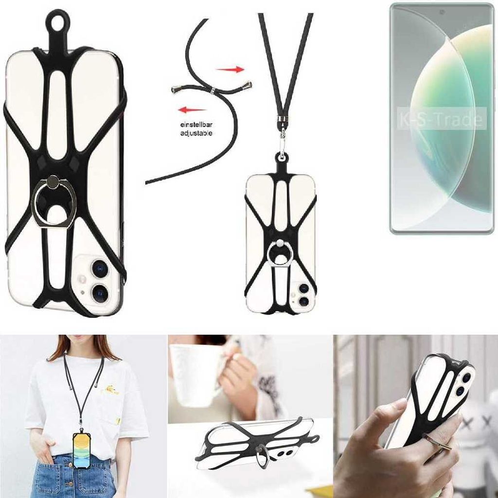 K-S-Trade 3in1 Handykette Handyband Handykordel Halsband Smartphone-Ring Handy-Ring kompatibel mit Tecno Camon 30S Fingerhalterung Handyring