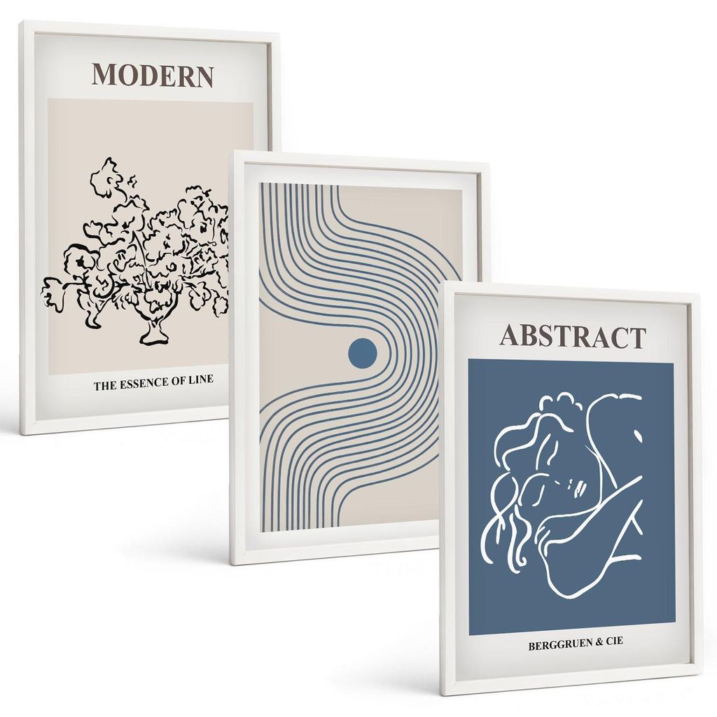Bilder Set 3-teilig im weißen Rahmen – Wandbilder 3 Stück – gerahmte Poster für Wohnzimmer, Schlafzimmer und Flur – 40x60 cm – abstrakte...