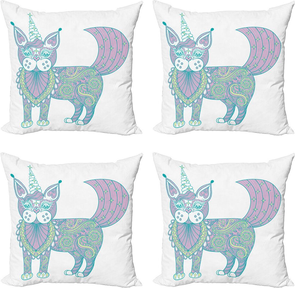 ABAKUHAUS Einhorn-Katze Kissenbezug Set (4 Stück), Magische Katze Ethnic, Moderner Doppelseitiger Digitaldruck, 45 cm x 45 cm, Rosa Teal Blassgelb