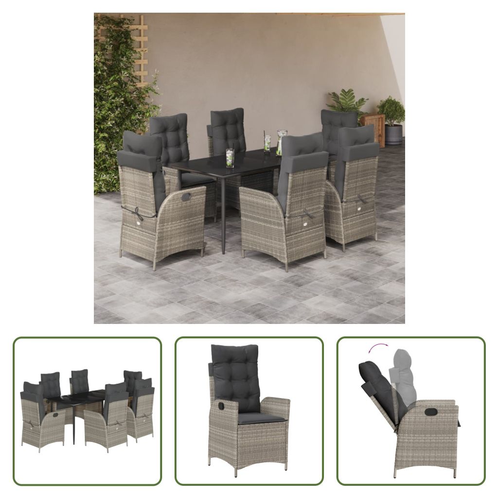 The Living Store 7-tlg. Garten-Essgruppe mit Kissen Hellgrau Poly Rattan