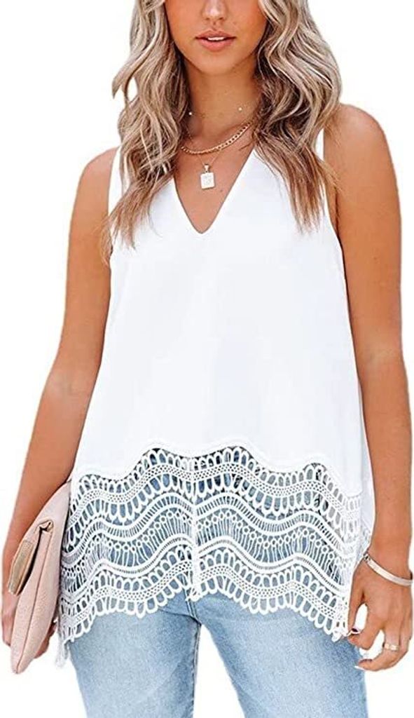 ASKSA Damen Ärmellose Bluse Tank Top V-Ausschnitt Chiffon Spitzensaum Loose Shirts Oberteil, Weiß, XL
