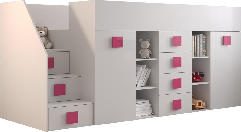 Etagenbett für Kinder Toledo 3 Stockbett mit Treppe, Schreibtisch, Bettkasten (Weiß/Weiß Glanz + rosa Griffe, Seite: Links)