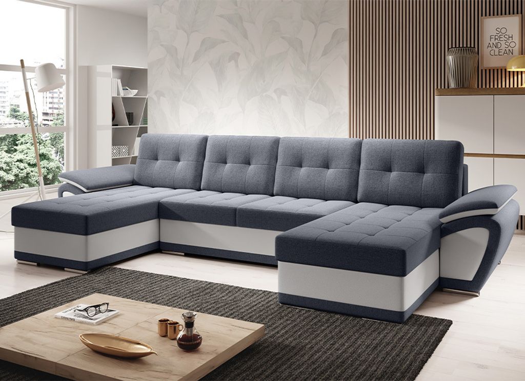 Easy4You ENZO Marineblau/Weiss Ecksofa U-Form 336 x 97 x 157 cm mit Schlaffunktion und Stauraum - Schlafsofa mit Bettkasten - Moderne Wohnzimmermö...