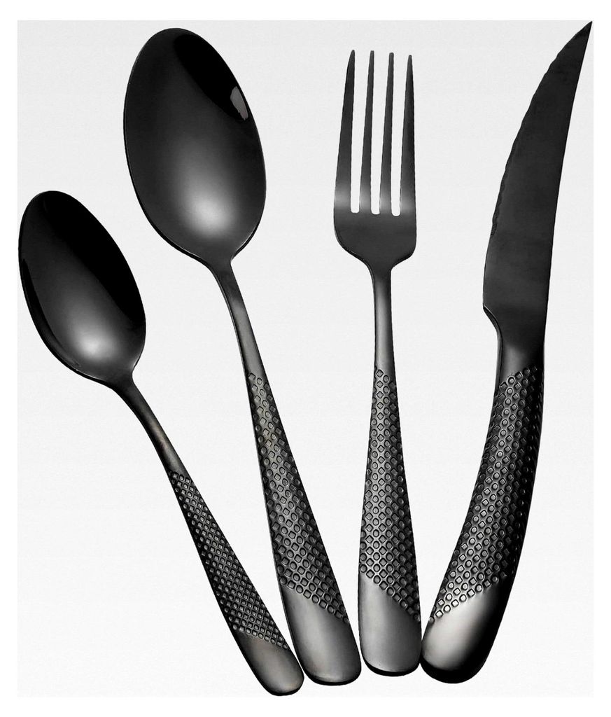 24-teiliges Besteckset mit gehämmertem Design, 18/10 Edelstahl, für 6 Personen, Messer-Gabeln-Löffel-Set (Schwarz)