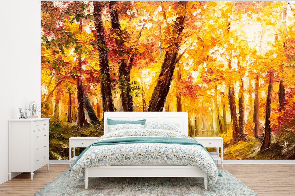 MuchoWow Fototapete für Wohnzimmer oder Schlafzimmer Wandtapete Vinyl Motivtapete Gemälde - Herbst - Wald - Ölgemälde - 375x280 cm - Schlafzi...
