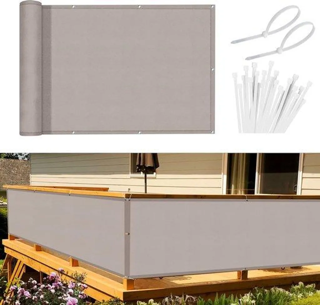 Brise-vue balcon gris 120 x 600 cm en polyester avec œillets et attaches