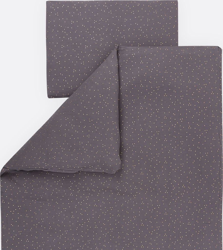 KraftKids Bettwäscheset Musselin goldene Punkte auf Grau Kissen: 80 x 80 cm, Decke: 140 x 200 cm