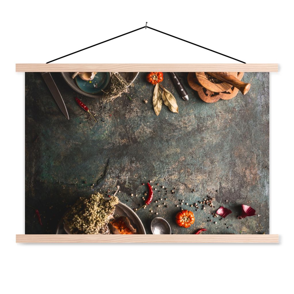 MuchoWow Textilposter Marmor - Gemüse - Herbst - Kürbis - Rustikal - Kräuter 60x40 cm mit holzfarbenen Rahmen - Bilder