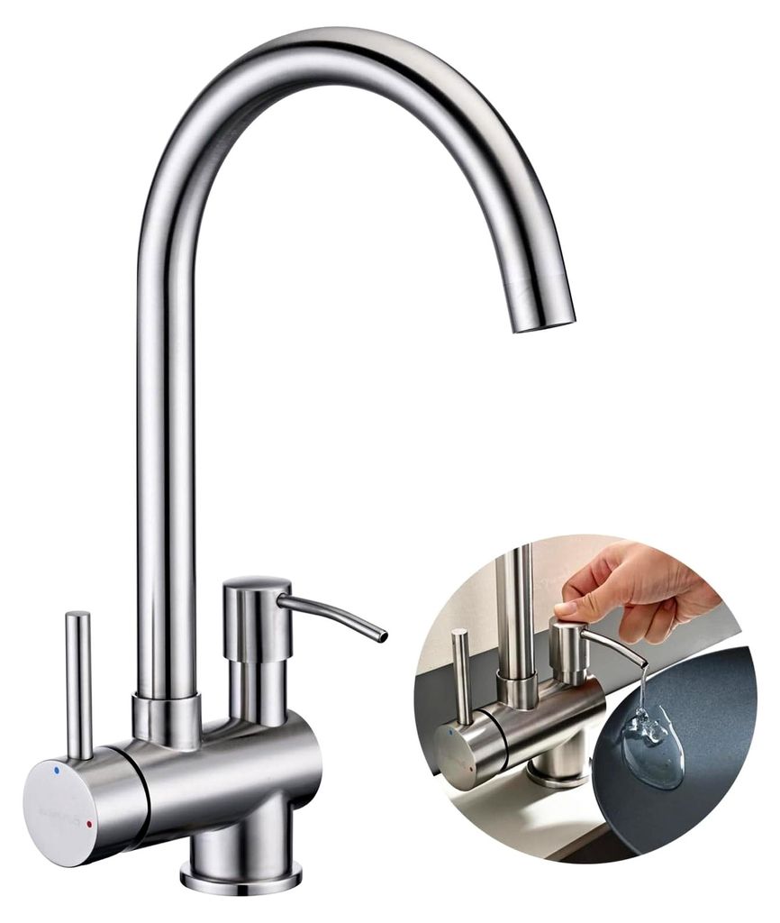 Wasserhahn Küche mit Seifenspender, Hochdruck Küchenarmatur mit 360° Schwenkbar Armatur, Mischbatterie Hygienisches Integriertes, Gebürsteter E...