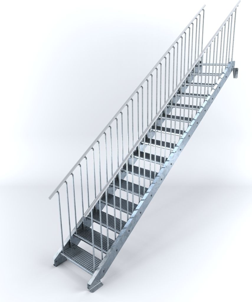 Stahltreppe 15 Stufen bis Höhe 300 cm, Laufbreite : 70 cm beidseitiges Geländer ST 2 (31 / 31 mm gezackt)