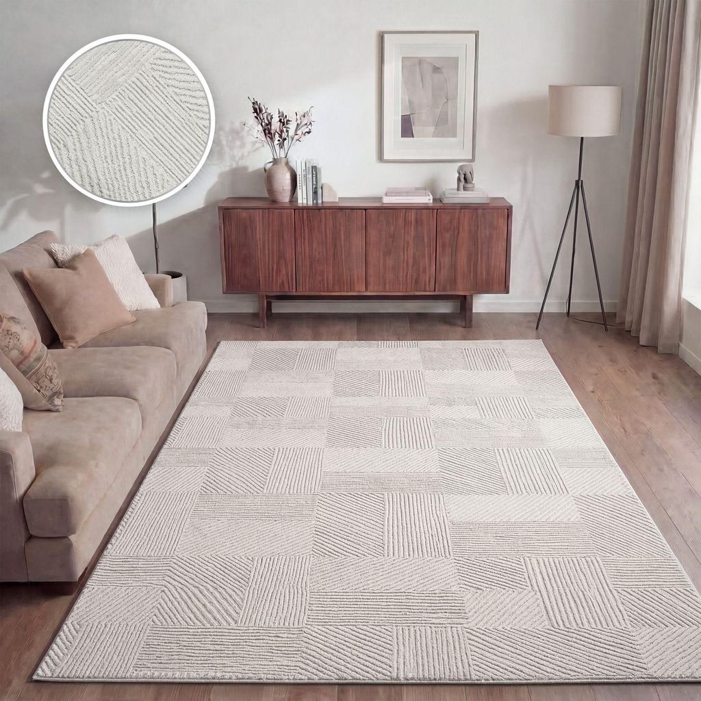 TT Home Wohnzimmer Teppich Esszimmer Kurzflor Boho Design Skandinavisch Abstrakt Unifarben Hoch-Tief-Effekt Moderner Style Größe 120x160 cm