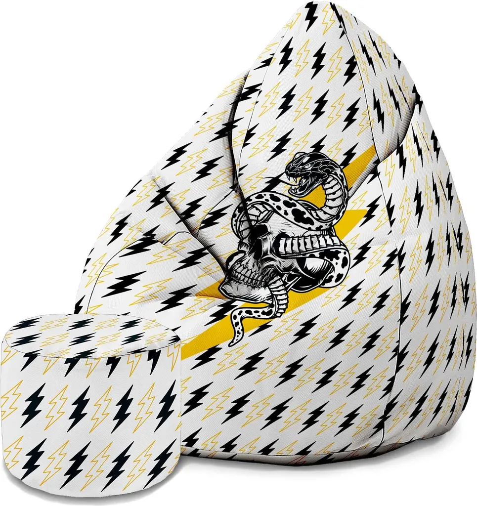 Dreamroots Bean Bag 80x80x120cm Beanbag con schienale e sgabello e copertura Cuscino da terra Chill Sack Bubibag Beanbag Snake Skull Lightni