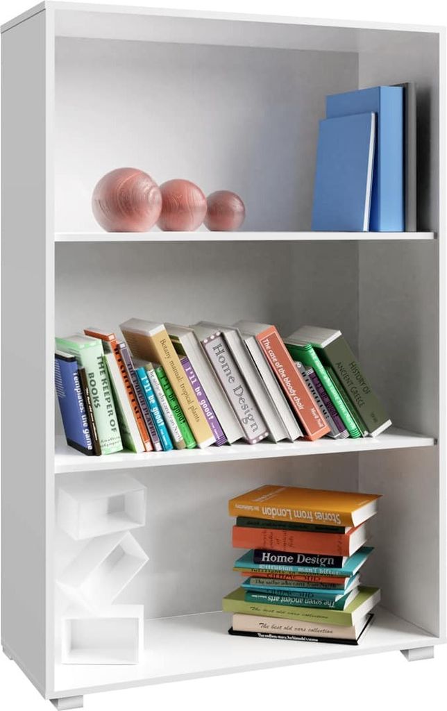 A white, three-shelf bookcase filled with books and decorative spheres.