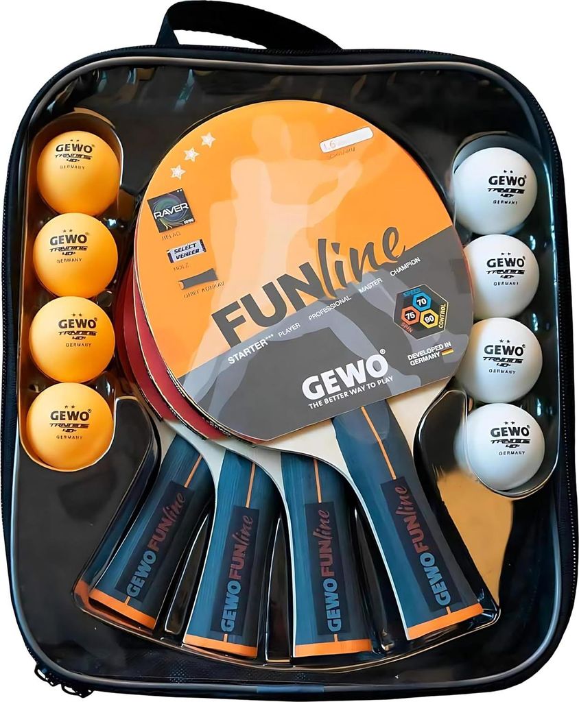 GEWO Tischtennis Set Family & Friends– 4 Schläger, 8 Bälle, Tasche – Allround-Set