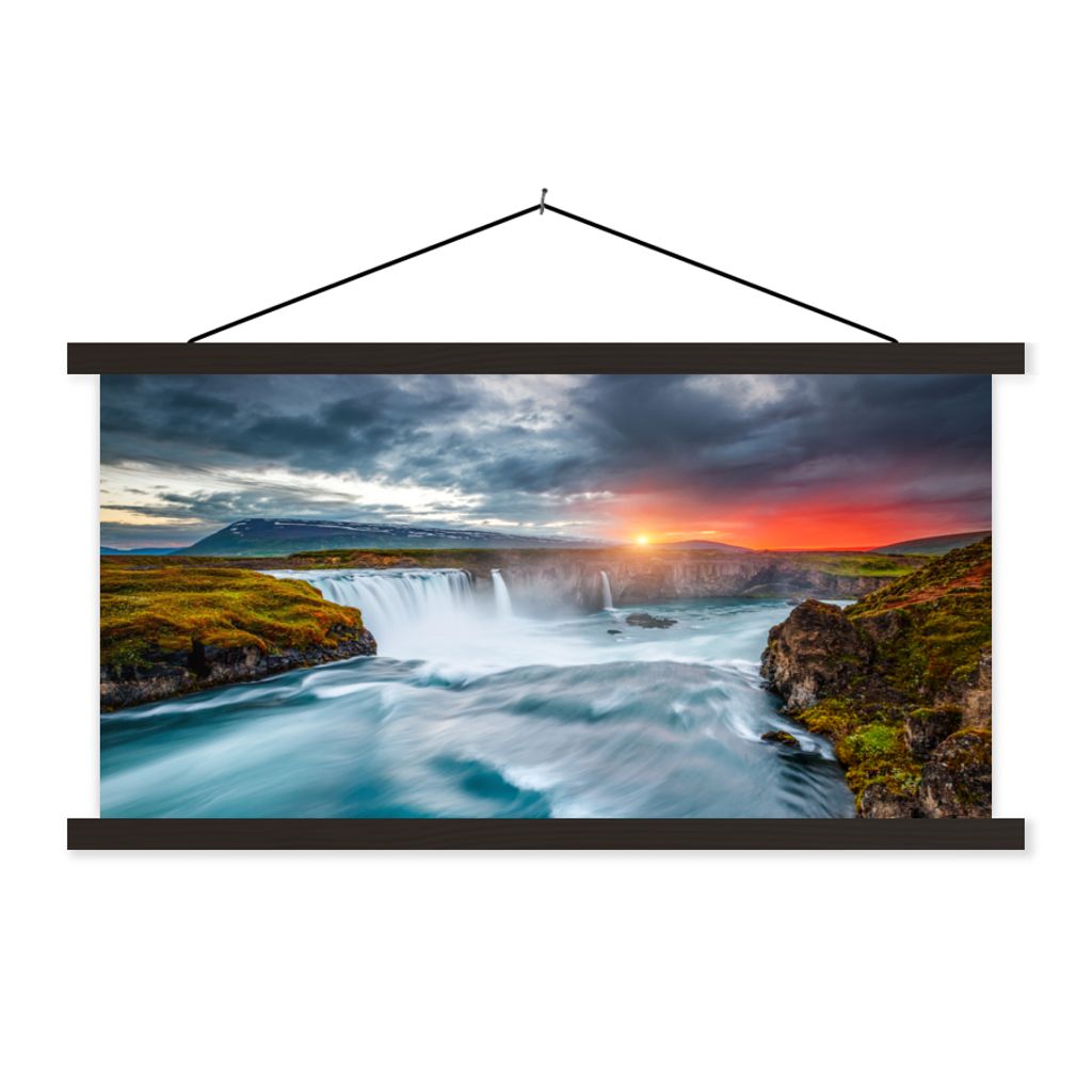 MuchoWow Textilposter Wasserfall - Sonnenuntergang - Natur - Wasser 150x75 cm mit schwarzem Rahmen - Posterleiste